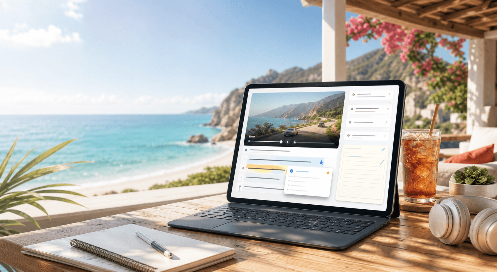 A seaside desk with a multilingual video lesson interface on a tablet